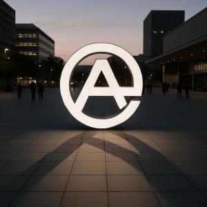 L'icône d'un logo blanc placé sur la surface du sol est visible dans un quartier urbain environné de constructions.
